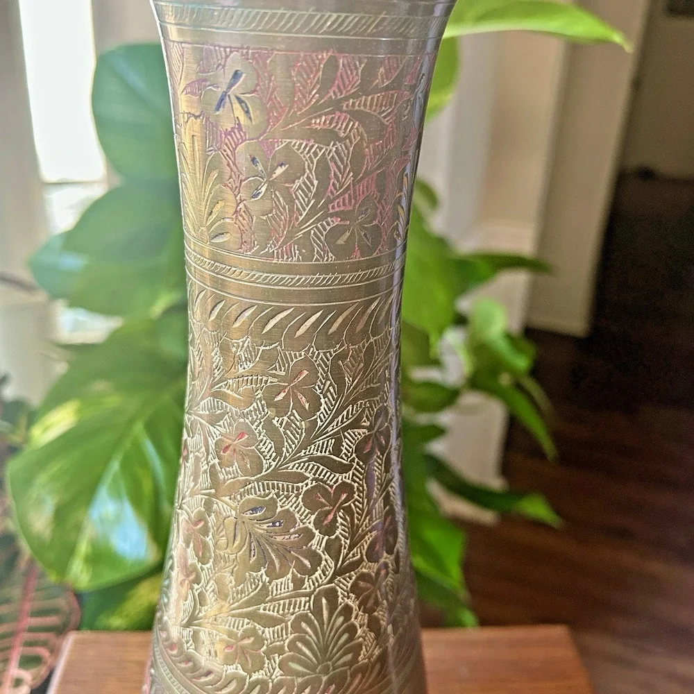 VTG Etched 14 inch Indian Brass Vase Colored Inlay Botanical Pattern Boho MCM